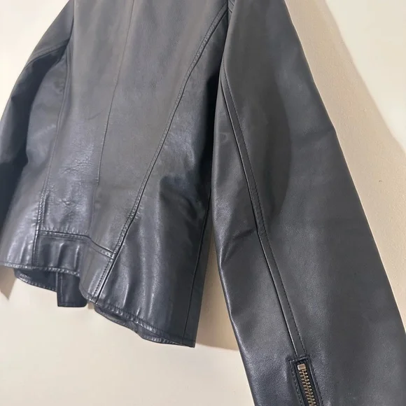 Eileen Fisher Leather black moto biker jacket Asymmetrical zip size small - Picture 12 of 16